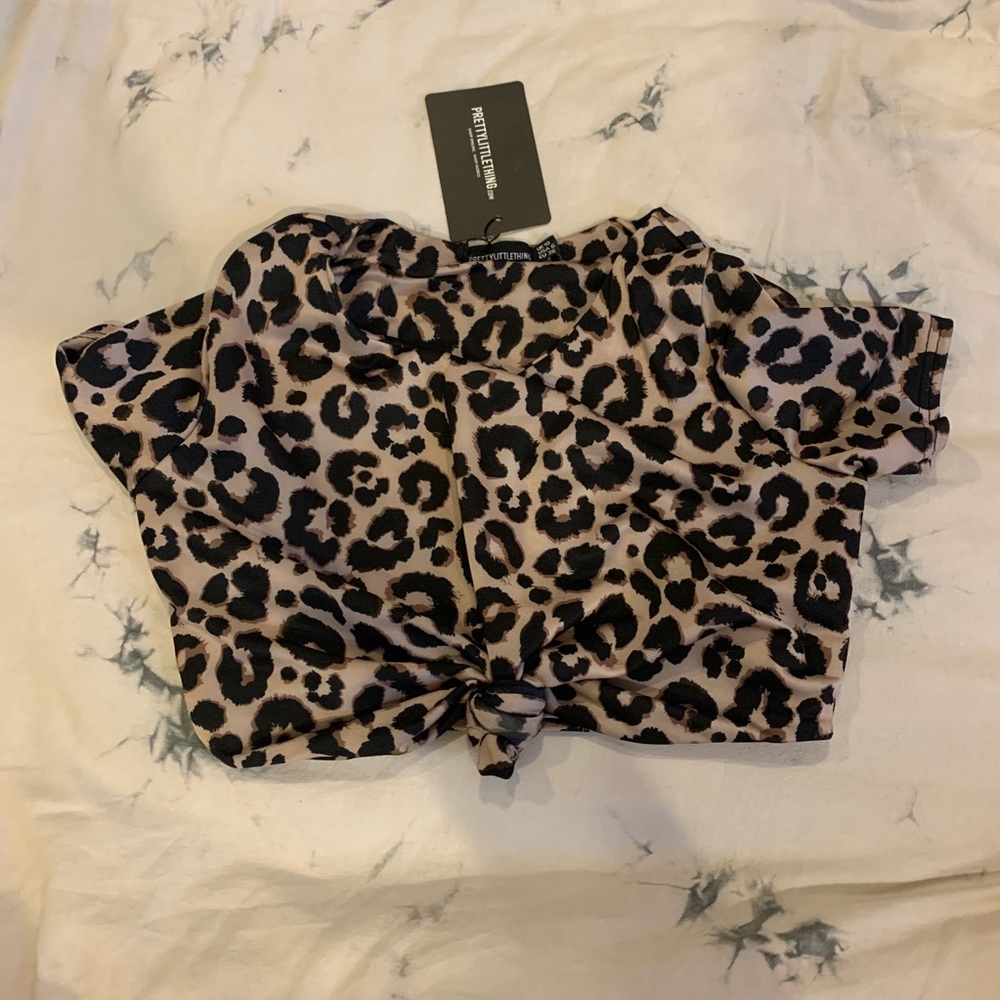 Cheetah crop self-tie swim top